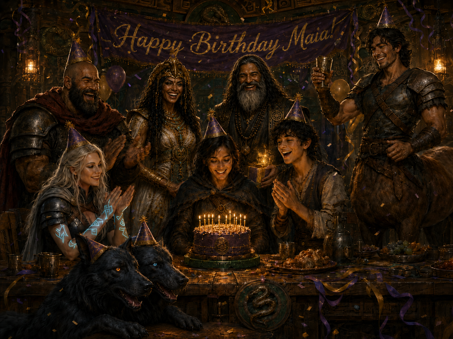 Maia celebrating her birthday with the characters of The Fractured Realms Saga
